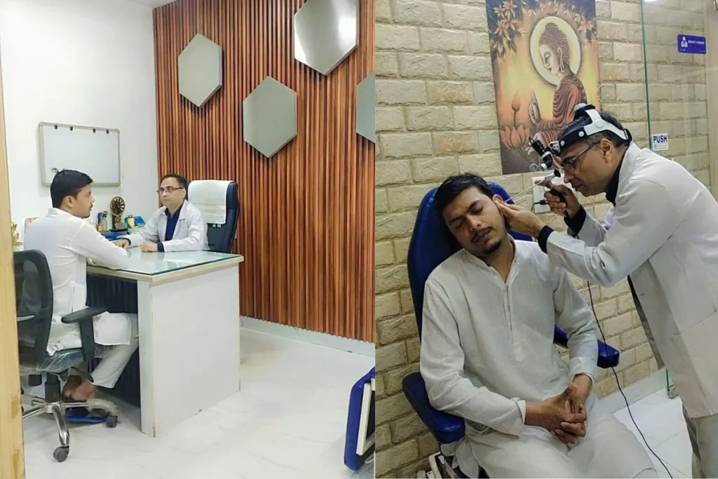 Dr Sanjay Gupta is checking the ear of a patient